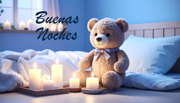 Cozy bedroom scene with teddy bear and candles creating warm atmosphere, and the words buenas noches.
