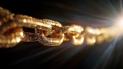 Golden chain, digital links, glowing,  black background