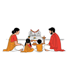 Illustration of an Indian family sitting on the floor for a religious ceremony with traditional attire and decorations.