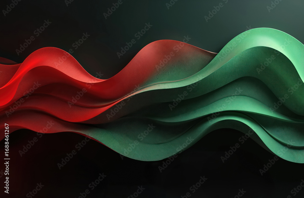 Poster abstract flowing curves with vibrant red, green hues on dark background. smooth, fluid lines create 