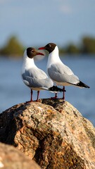 Two birds on a rock by water