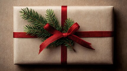 Single gift wrapped in kraft paper with red ribbon