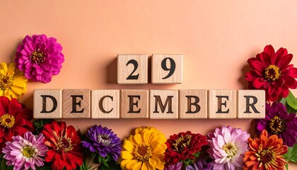 Wooden Blocks with Date 29 December. Floral Calendar – Vibrant Flowers on Solid Colored Background