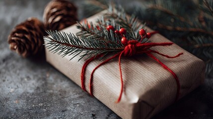 Single gift wrapped in kraft paper with red ribbon