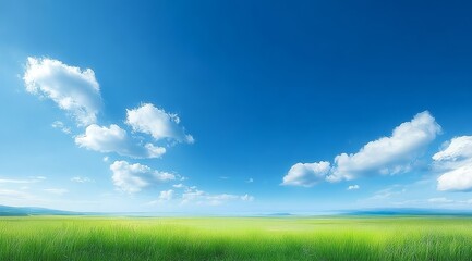 Obraz premium Vast Green Field Under a Clear Blue Sky with Fluffy White Clouds