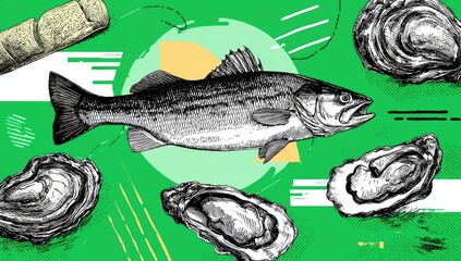 Seafood illustrations in a graphic design style.