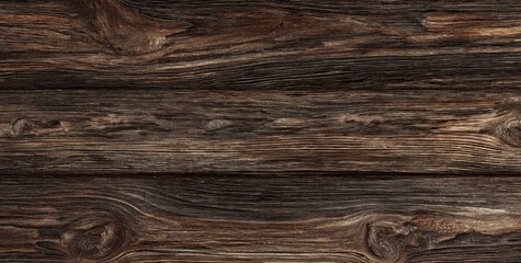 Fototapeta premium Close-up view of dark brown wooden planks. Horizontal grain, showing wood texture and knots. Aged and weathered appearance