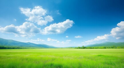 Fototapeta premium Vast Green Field Under a Bright Blue Sky with Fluffy Clouds