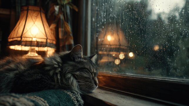 Cozy cat resting by the window, with raindrops on glass, warm light from lamps creating a serene atmosphere, capturing the beauty of a rainy day