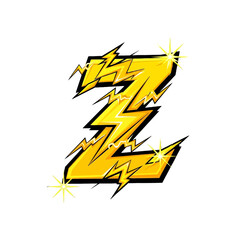 Stylized illustration of a yellow lightning bolt Z letter with starburst effects on a white background