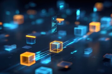 Abstract digital network of glowing cubes.  Data streams and glowing UI elements.  Complex interconnected system