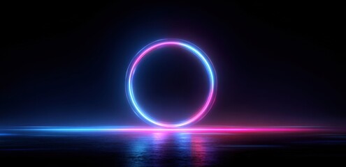 Obraz premium Neon circle with a dark background and a low horizon line of light