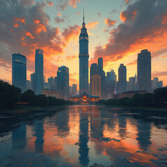 Obraz premium Modern city skyline at sunset with skyscrapers reflecting in river water. Orange clouds fill sky. Asian architecture with tall towers creates urban landscape.
