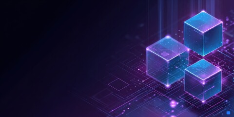 Abstract digital art; glowing cubes over circuit board