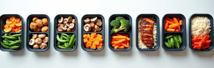 Healthy meal prep containers with grilled chicken, rice, broccoli, carrots, green beans, mushrooms, orange slices. Food portions neatly organized for balanced nutrition, easy meal planning. Visual