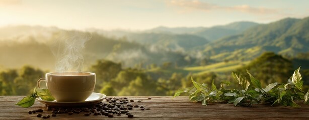 The steaming cup of coffee overlooking a serene mountain landscape at dawn.