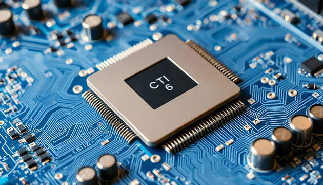 Close up of a blue circuit board with a silver chip labeled cti 6 in the center of the board