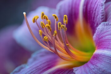 Close-up of a vibrant purple lily's stamen
