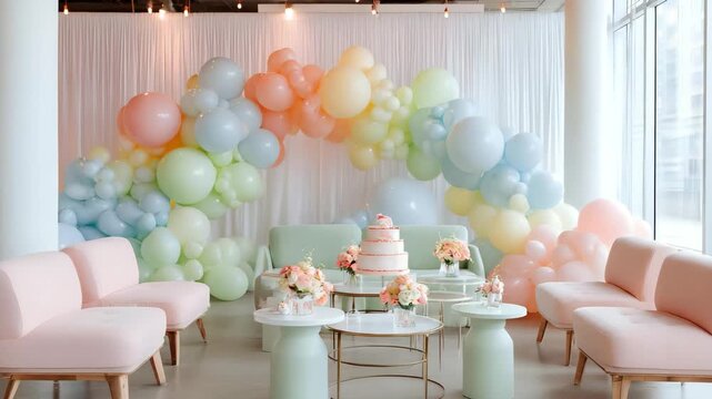 Minimalist indoor birthday party with pastel balloons, sleek furniture, modern cake stand and geometric garlands under soft ambient lighting