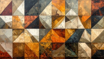 A geometric pattern of interlocking, textured squares, showcasing a rich palette of earthy tones and subtle variations.