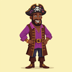 Confident cartoon pirate with skull hat, purple shirt, gold-trimmed vest, and cheerful vibe.
