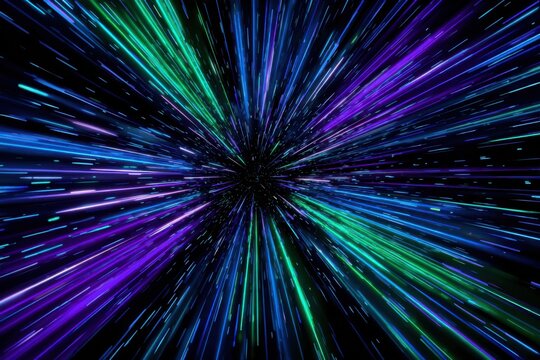 Abstract, vibrant, starburst radiating from a central point.  Dynamic lines of teal, purple, and blue streaks against a dark background - Powered by Adobe