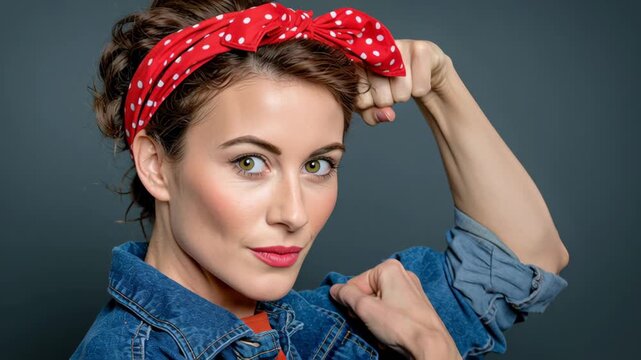 Confident woman in denim jacket and red polka dot headband displays strength by flexing her arm, showcasing empowerment and determination through a series of expressive poses in a cohesive motion sequ