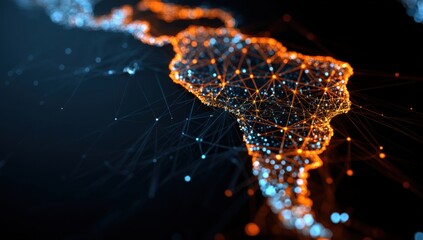 South America continent, highlighted in glowing orange and blue, interconnected by a network of lines and points. Abstract representation of global connections