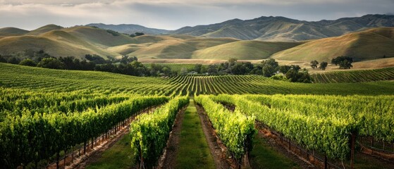 The Vineyard Rows Leading To Rolling Hills Under a Dramatic Sky at Sunset