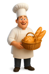 Baker Character &ndash; 3D Cartoon Style Culinary Illustration with Bread Basket for Food and Hospitality Themes,