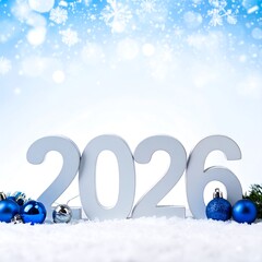 New Year 2026 Celebration with Blue Ornaments and Snow