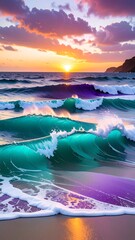 Vibrant sunset over ocean waves
