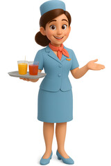 Flight Attendant Character &ndash; 3D Cartoon Style Aviation Illustration with Uniform and Tray for Travel and Hospitality Themes