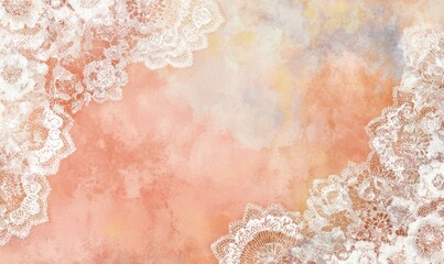 Delicate lace borders frame a soft, watercolor-style background of peach and beige tones