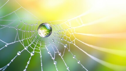 Glimmering Water Droplets on a Delicate Spider Web Captured in Soft Sunlight with a Blurred Green Background