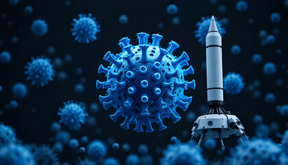 Microscopic view of virus cells surrounding a rocket structure for future scientific exploration