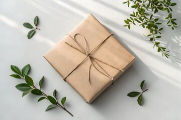 Simple kraft paper gift box tied with twine surrounded by greenery