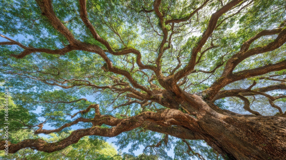 Poster a large tree stands tall, showcasing sprawling branches covered in lush green leaves. sunlight filte