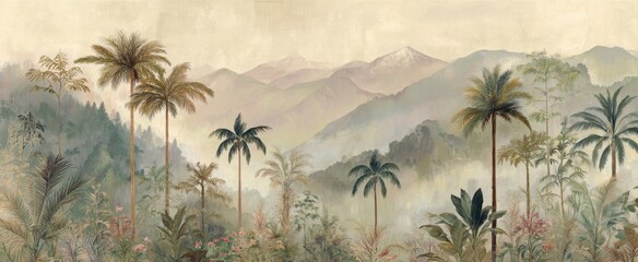 Misty mountain vista with tropical plants