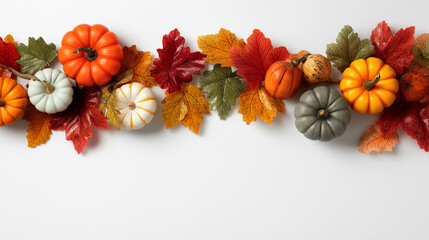 Fototapeta premium Autumnal Harmony: Pumpkins and leaves come together in a vibrant autumn arrangement, celebrating the rich colors and seasonal harvest.