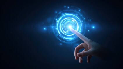 A hand touches a glowing, concentric, circular interface