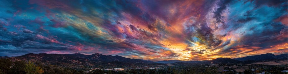 Naklejka premium Dramatic sunset panorama with vibrant clouds over mountains