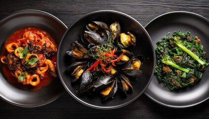 Three plates of seafood dishes on a dark wooden surface