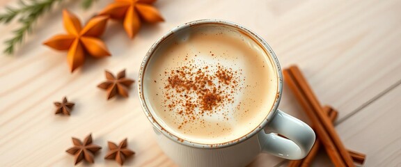 Steaming chai latte in a mug, sprinkled with cinnamon, on a light wood background,  warm,  kitchen