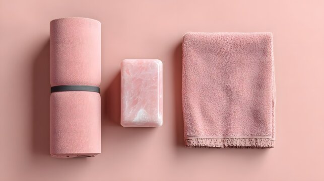 Set of yoga mat block and towel laid on a soft