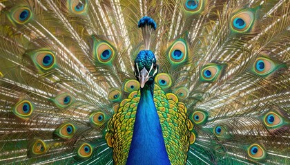 Obraz premium A peacock's vibrant plumage displays a stunning array of iridescent colors.