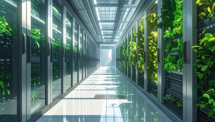 A modern server farm interior, showcasing vertical green walls, creating a sustainable and technologically advanced environment.