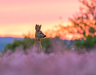 Obraz premium A fawn at dawn in a field of flowers