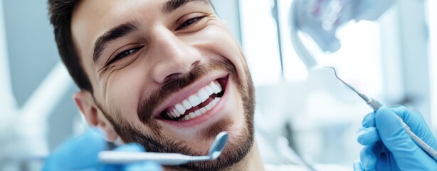 The Smiling Man in Dental Chair Showing Bright White Teeth During Checkup