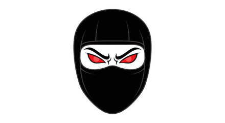 Angry ninja head mascot with glowing red eyes in a black hood and mask.